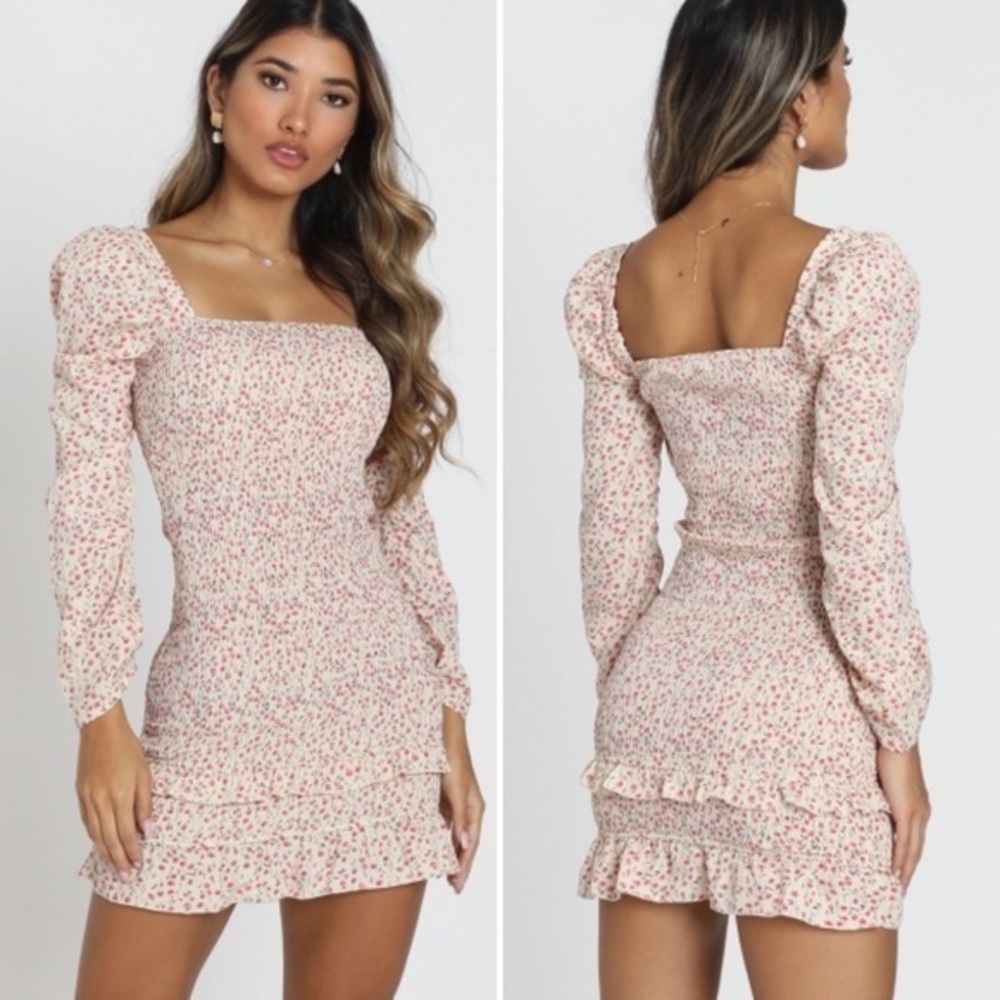 Beige Botany Smocked Floral Puff Sleeve Dress Cottage Boho Romantic Doll Soft L